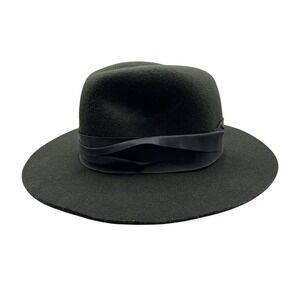 Vtg Forest Green 100% Wool Wide Brim Fedora Hat Ribbon Band Indie Dark Academia